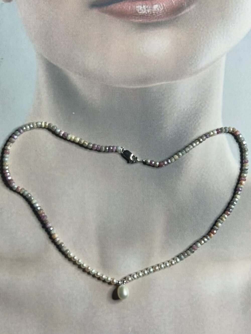 Natural Mystic Faceted Corundum Rondelle Beads and Freshwater Pearl Necklace.